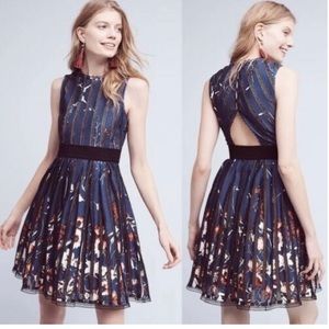 Foxiedox Navy Floral Lace Hem Open Back Sleeveless Flare Bryonia Dress‎ MEDIUM
